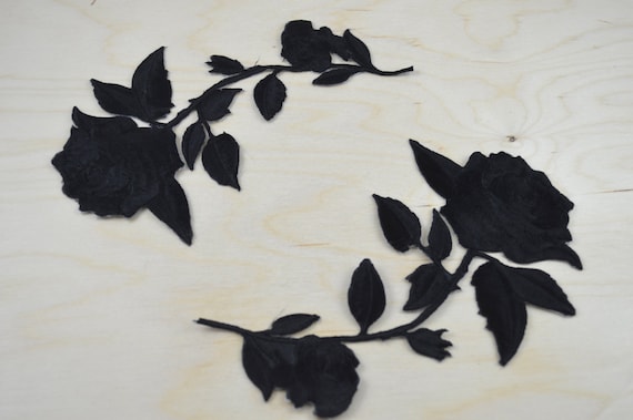 Black Rose Patches Embroidered: Iron-On Flower Applique (Set of 2)