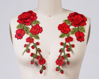 Embroidered Red Rose Applique: 3D Dripping Flower Pair (11x5 inch)