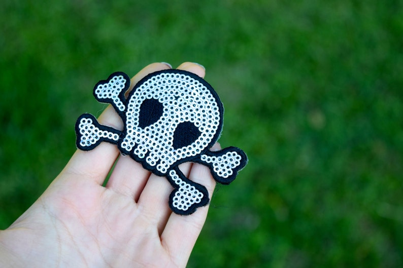 Skull Patch Silver Sequined And felt Skull and Bones Patches with Iron on Backing.