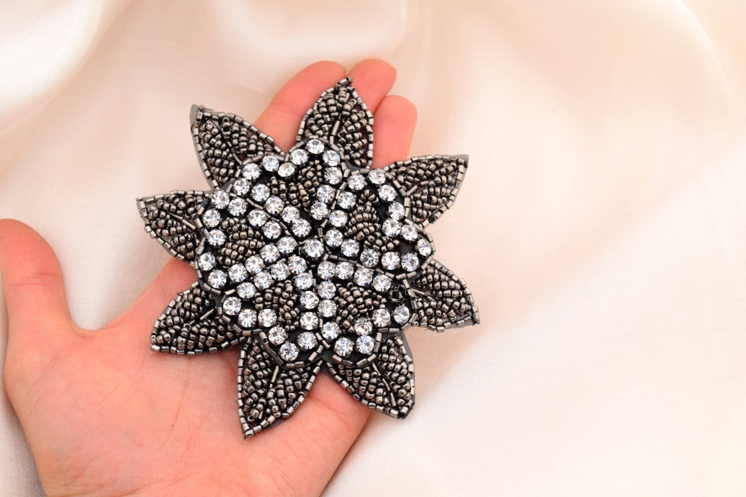 Beaded Flower Applique Graphite Charcoal Beaded Flower Etsy