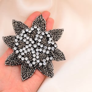 Beaded Flower Applique Graphite Charcoal Beaded Flower Applique. Layered Leaf.  Rhinestone and Heart- HALETTE