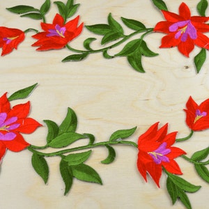 2 Red and Purple and Green Lily Embroidered Flower Patches/ Applique with Iron-on Backing