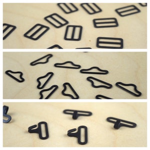 May include: Assortment of black metal slider buckles, including D-rings,  loop sliders, and T-shaped sliders. These are commonly used for straps, bags, and clothing.