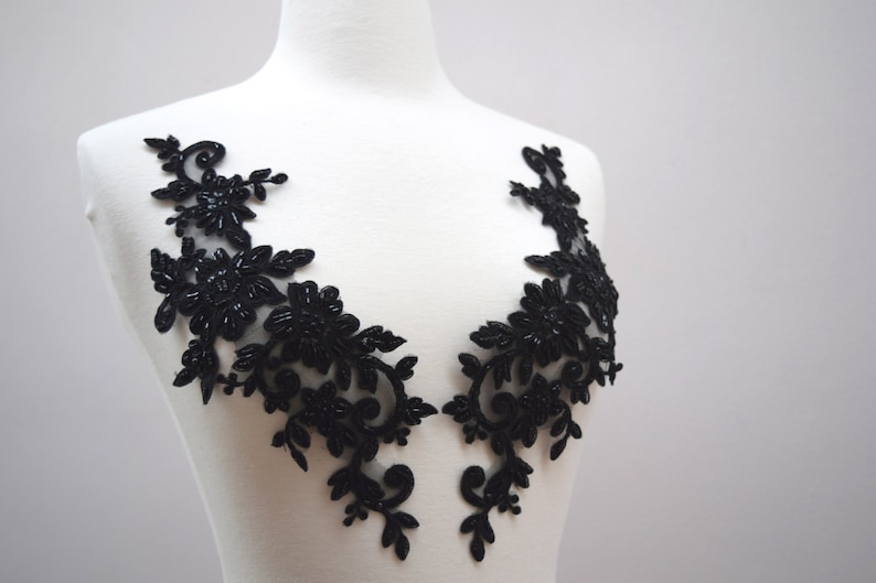 Black Beaded Applique 2 Piece Heavily Beaded Stunning Black Mirrored Applique Set on Black Mesh with Flower Motif CALANTHA image 1