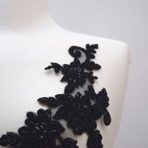 Black Beaded Applique 2 Piece Heavily Beaded Stunning Black Mirrored Applique Set on Black Mesh with Flower Motif CALANTHA image 2