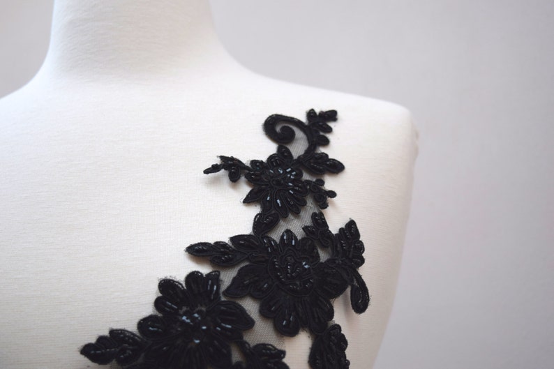 Black Beaded Applique 2 Piece Heavily Beaded Stunning Black Mirrored Applique Set on Black Mesh with Flower Motif CALANTHA image 2