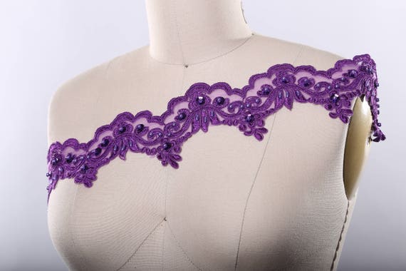 Purple Lace Trim/ Purple Beaded Lace / Opaque Chiffon Foundation