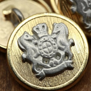 Gold Blazer Button 4 PIECES Gold and Silver Button Standing Horses with Crest and Ribbon 36L 23mm 15/16&quot; 32L 20mm 13/16&quot; MG24