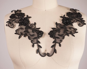 Black Beaded Lace Applique Pair: Floral Embroidered Evening Gown Embellishment
