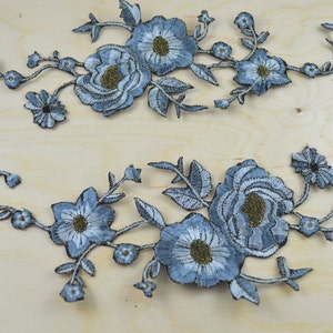 Blue Flower Patch 2 Blue Flower Applique Pale Blue Embroidery Flower Vines in the Wind / Antique Gold Detailing and Iron-on Backing