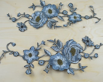 Blue Flower Patch 2 Blue Flower Applique Pale Blue Embroidery Flower Vines in the Wind / Antique Gold Detailing and Iron-on Backing