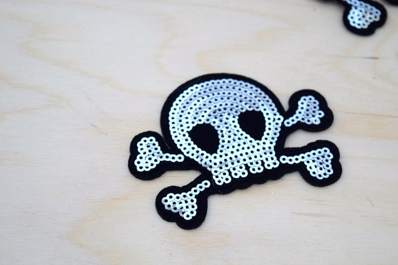 Skull Patch Silver Sequined And felt Skull and Bones Patches with Iron on Backing.