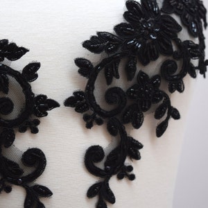 Black Beaded Applique 2 Piece Heavily Beaded Stunning Black Mirrored Applique Set on Black Mesh with Flower Motif CALANTHA image 3