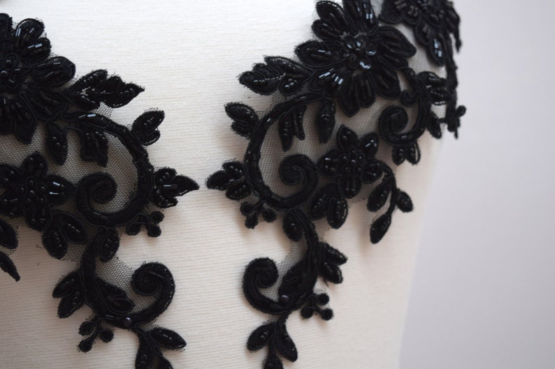 Black Beaded Applique 2 Piece Heavily Beaded Stunning Black Mirrored Applique Set on Black Mesh with Flower Motif CALANTHA image 3