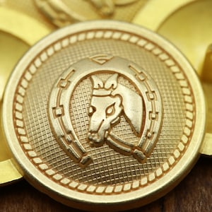 Gold Metal Button 4 PIECES Horse Head with Upside Down Horseshoe Shank Backing 30L 19mm 3/4&quot; 36L 23mm 15/16&quot; MG05