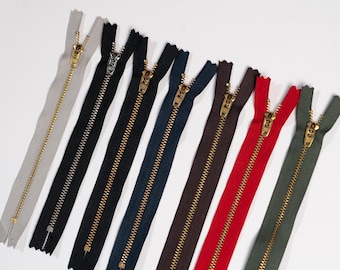 YKK Zippers Closed End  7" 8" and 9" Gold Metal Teeth and Silver Teeth #4.5 Available in: Black, Navy, Red, Army Green & Brown
