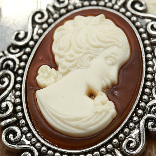 Cameo Button 2" Flat Black Ivory Silhouette Cameo Black or Brown Background Framed with Silver or Antique Brass