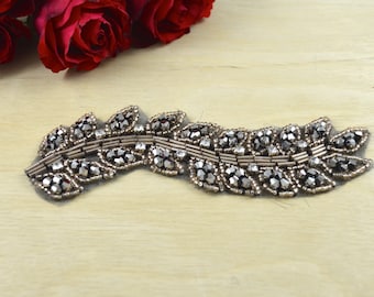 Crystal Rhinestone Applique: Graphite Leaf with Iron-on Backing