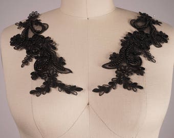 Black Beaded Lace Applique: Sequined Alencon Lace, Evening Gown Embellishment (Set of 2)