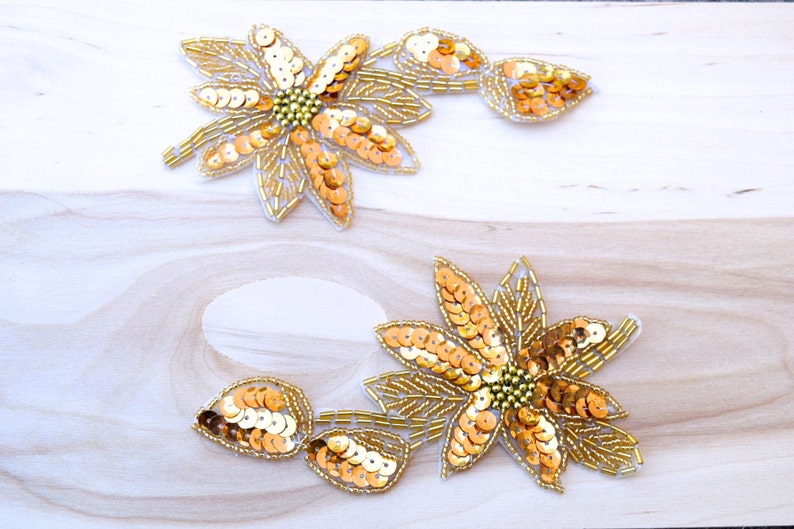 Antique Gold Sequined Flower Patches Beaded Go Flower Applique with Thin Stem and Leaf Hot Fix Iron on