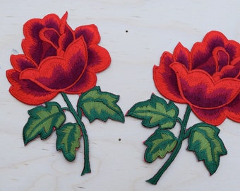 Red Rose Embroidery Appliqué Patches: Iron-On Floral Embellishments (Set of 2)