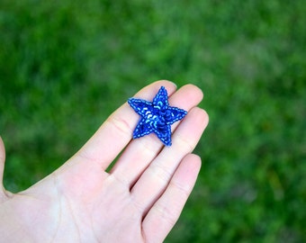 3 Mini Royal Blue Star Patches with Sequins and Beading 3/4"