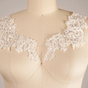 White Alencon Lace Applique Pair: Beaded & Sequined Bridal Collar