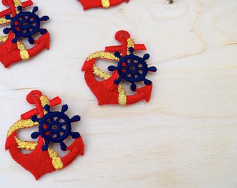 Red Anchor Patches: Embroidered Nautical Ship Wheel Applique (Set of 2)