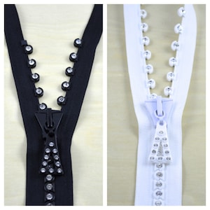 Rhinestone Zipper 26&quot; Rhinestone Zipper 24&quot; Rhinestone Zipper Separating End Black, Red and White  24&quot; and 26&quot; and 28&quot; Pinlock Polyester
