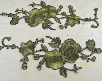 2 Brassy Metallic Flower Applique Patches: Iron-On Embroidery