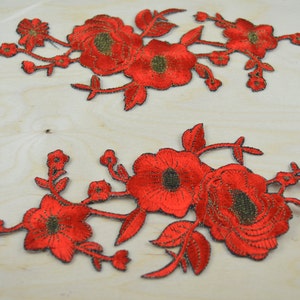 Red Flower Patch 2 Dark Red and Antique Gold Embroidery Flower Patch Dahlia Flower / Red Flower Applique with Iron-on Backing