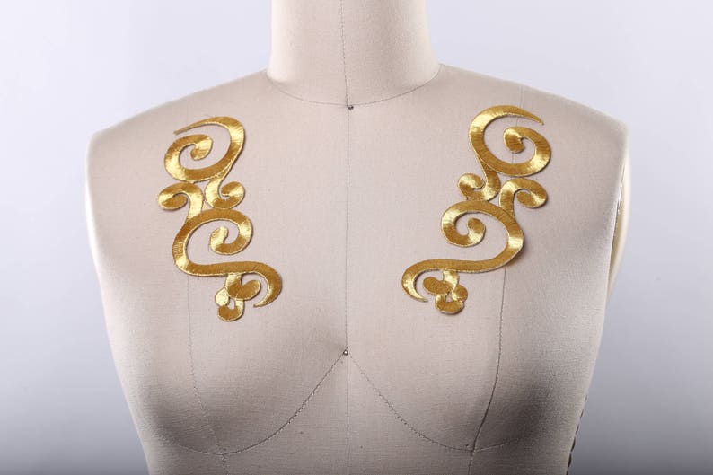 Gold Applique Gold Patch Metallic Gold Appliques Iron on. Fine Embroidery in Mirrored Shape Perfect for Neckline image 2