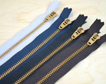 Authentic 9" YKK Gold Metal Zippers 45U- Made in USA - Available in Black, Brown, Navy and Pale Blue