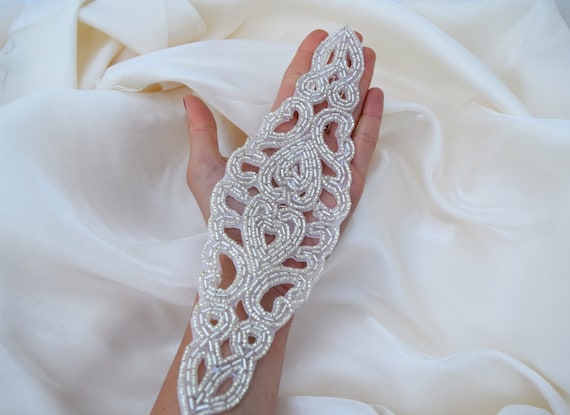 Beaded Floral Appliqué Trim in White and Silver WHITE PEARL BEADED FLORAL TRIM - sarahi.NYC – Sarahi.NYC main image 2