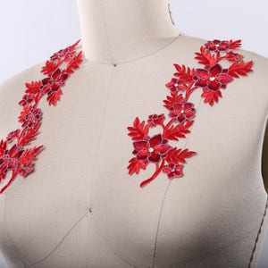 Red Flower Patch/ 2 PIECES Red Flower Applique/  China Red Embroidery Flower Patch. Burgundy Markings and Gold Detailing. Iron on Backing