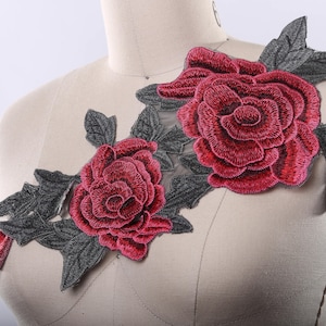 Flower Applique Muted Pink and Olive Green Embroidery Flower Patch/ Oversized Applique/