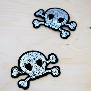 Skull Patch Silver Sequined And felt Skull and Bones Patches with Iron on Backing.