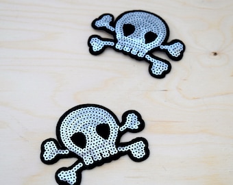 Silver Sequined Skull Patch: Iron-On Felt Applique (3x2")