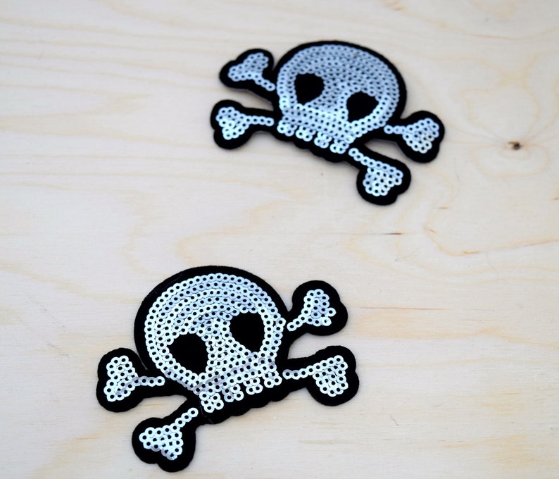 Skull Patch Silver Sequined And felt Skull and Bones Patches with Iron on Backing.