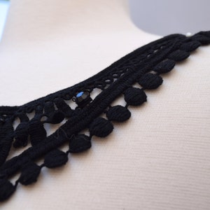 Black Applique Long Black Cotton Neckline Applique Vintage Inspired Black Jewels Flat Pom Pom Like Edging Tasteful Cleavage Slit Hagley image 6