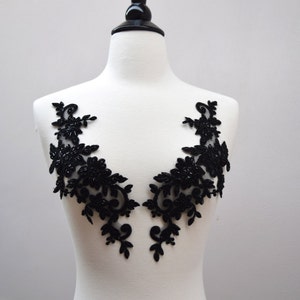 Black Beaded Applique 2 Piece Heavily Beaded Stunning Black Mirrored Applique Set on Black Mesh with Flower Motif CALANTHA image 4