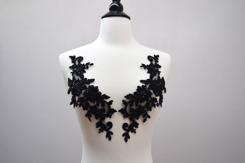 Black Beaded Applique 2 Piece Heavily Beaded Stunning Black Mirrored Applique Set on Black Mesh with Flower Motif CALANTHA image 4