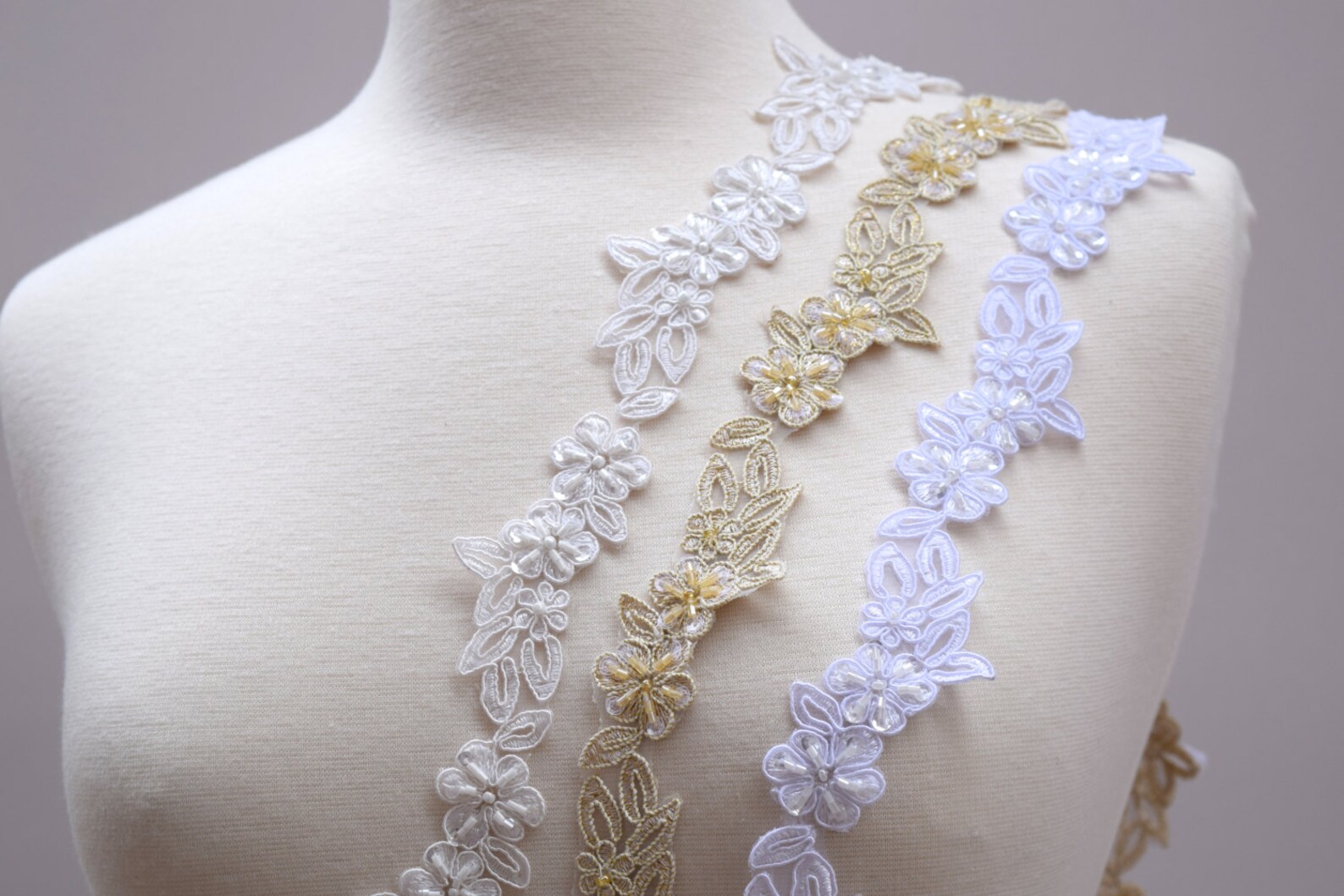 White Beaded Lace Trim/ Ivory Lace Trim/ Champagne Lace Trim/ Etsy