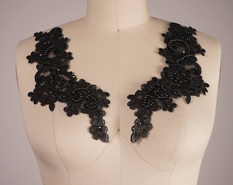 Black Applique Posh Black Beaded Lace Applique. Opposing Side Shape. Sequined Soaked. 9 1/2". Perfect for Tango Costumes