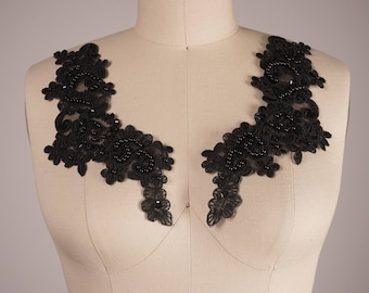 Black Beaded Lace Applique: Sequined Alencon Lace, Symmetrical Pair