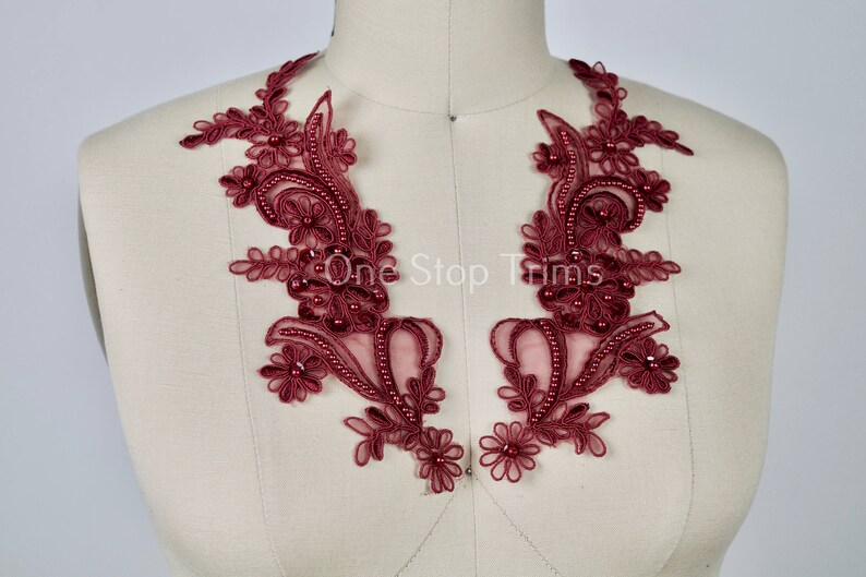 Burgundy Applique / Wine Beaded Lace Applique/ Wine Applique/ Etsy