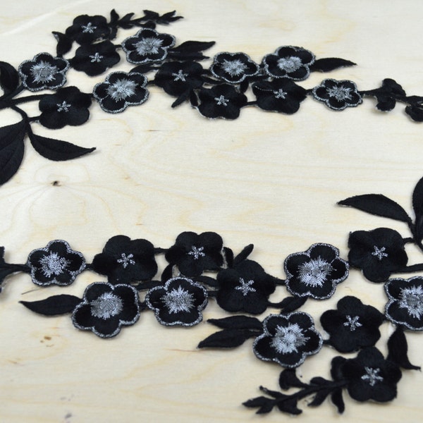 2 Black Embroidery Flower Patches/ Flower Applique with Silver Detailing and Iron-on Backing -Ultra Chic