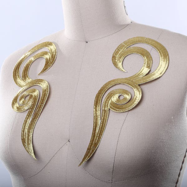 2 Antique Gold Embroidery Patch Iron on Appliques Mirrored Swirl Perfect for Neckline Costumes and Gowns with Iron On Backing