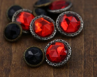 Red Acrylic Button/ 4 Pieces/ Black Gemstone Button/ Silver and Bronze Backing/ 24L 15mm 5/8" 32L 20mm 13/16" BL103