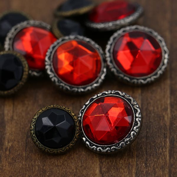 Red Acrylic Button/ 4 Pieces/ Black Gemstone Button/ Silver and Bronze Backing/ 24L 15mm 5/8" 32L 20mm 13/16" BL103